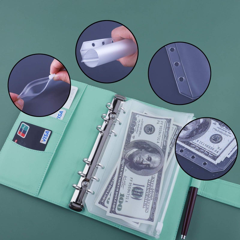 أنتنر Antner Budget Binder مع مظاريف بسحاب منظم أموال للمظاريف النقدية النقدية لوضع الميزانية ومخطط التوفير مع مغلفات نقدية وملصقات ملونة لتوفير المال باللون الأخضر الفاتح - Image 2